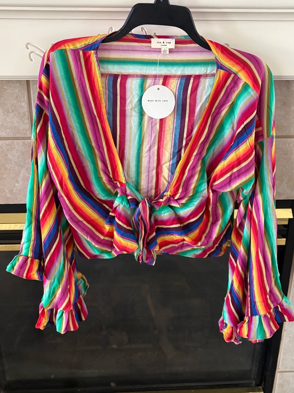 Tea n Cup Rainbow Striped Tie-Front Retro bell sleeve Blouse